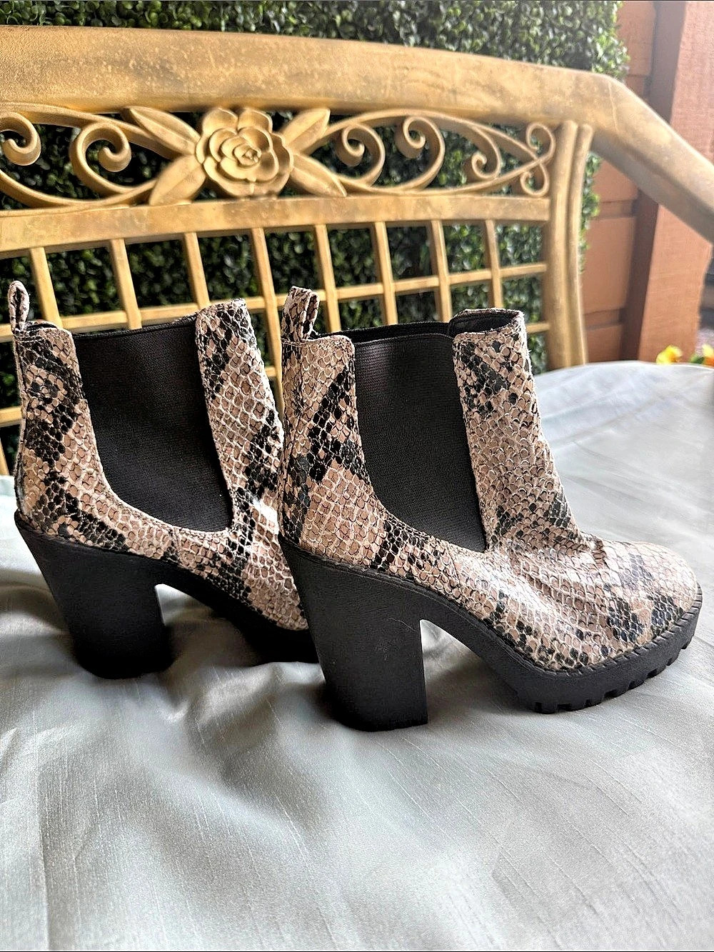 Brown & Black Snakeskin Print Block Heel Booties Like New